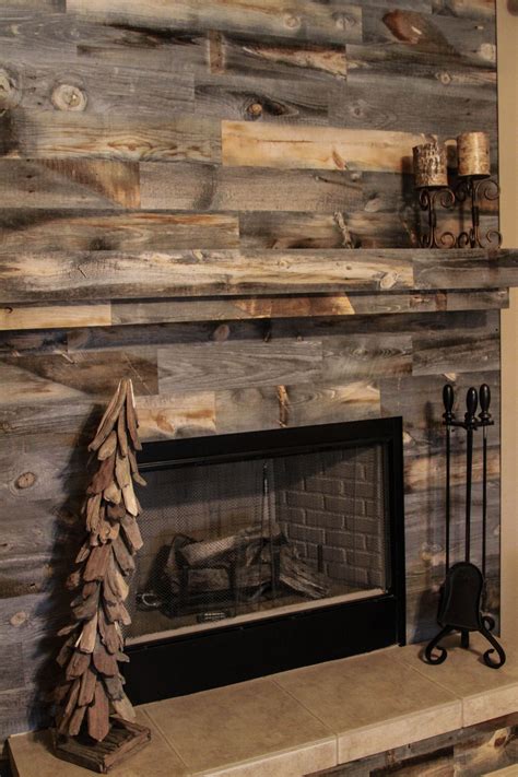 barnwood siding on fireplace wall that is angled